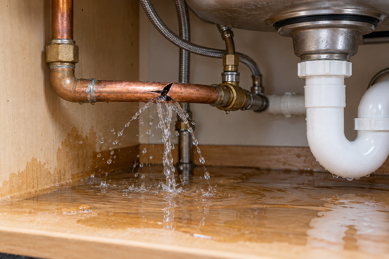 Illustration of a burst pipe leaking beneath a sink