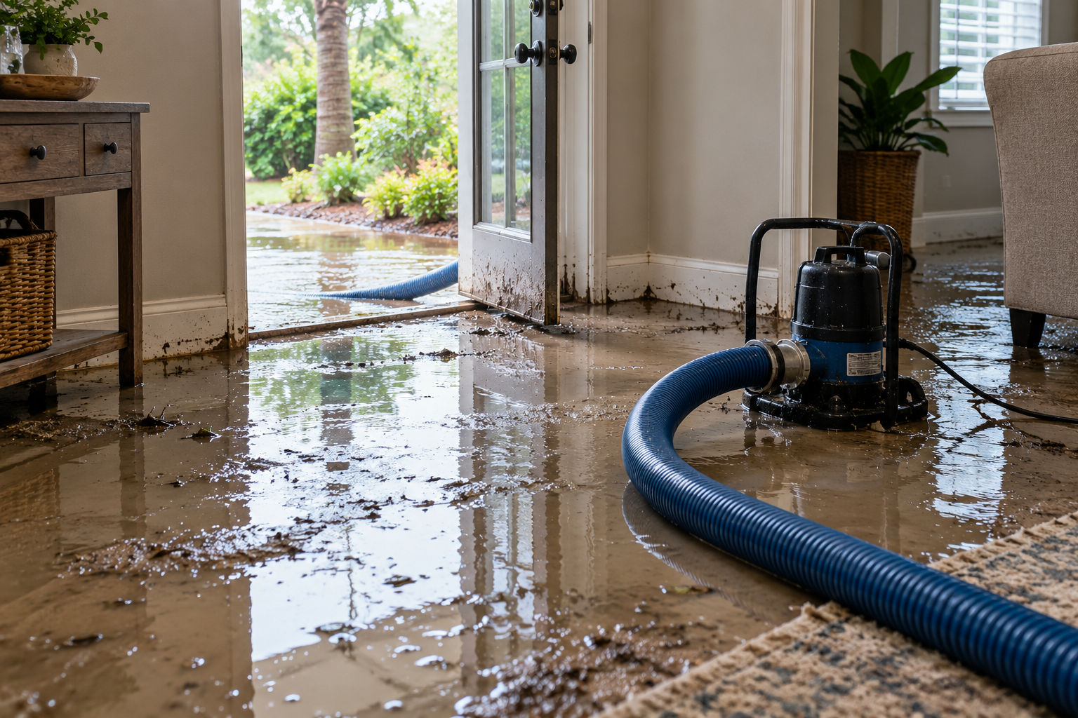 Illustration of indoor flooding and water removal equipment