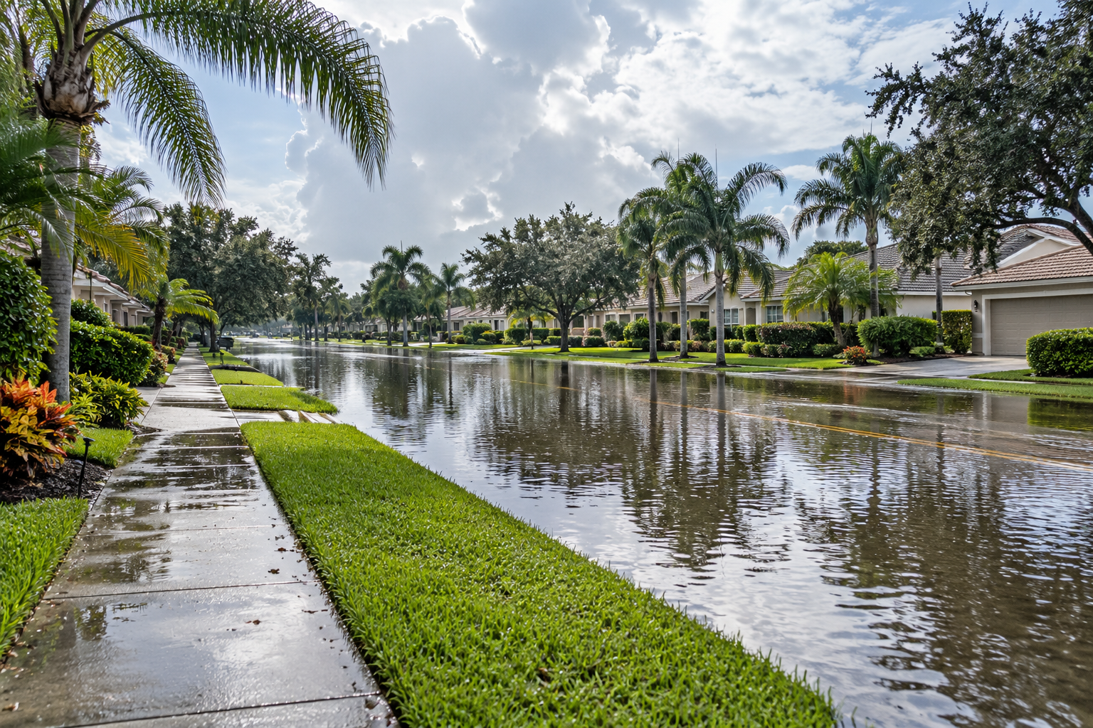 Illustration of stormwater ponding on a palm-lined residential street