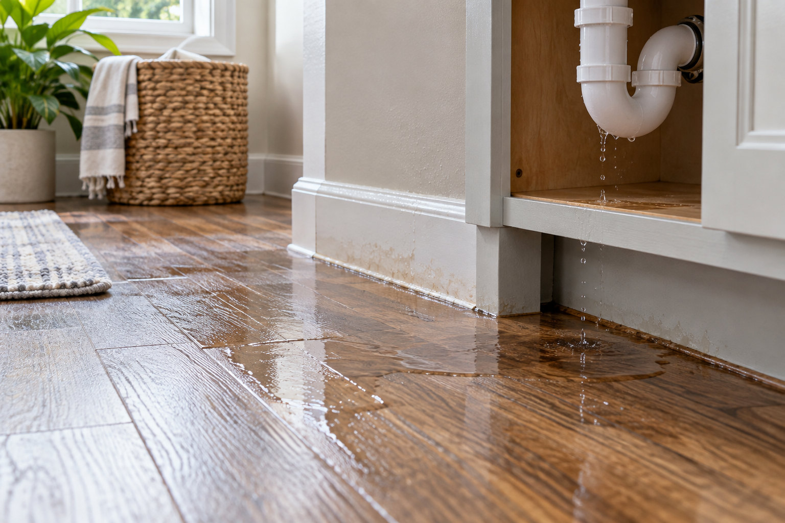 Illustration of an indoor plumbing leak wetting a residential floor